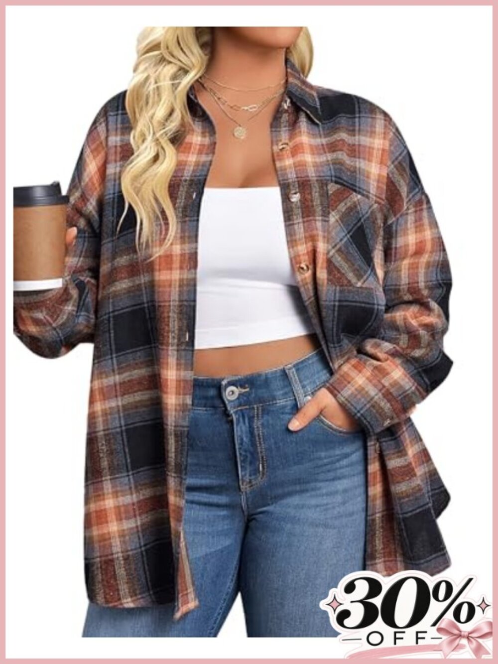 Womens Plus Size Flannel Shirt Long Sleeve Button Down Plaid Top